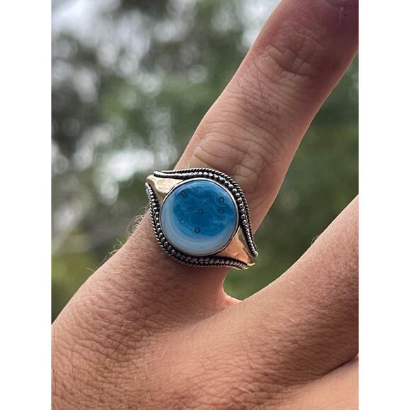 Vintage Space Stars Picture Agate Sterling Silver 18k Yellow Gold Ring Size 7.5 - Picture 5 of 5